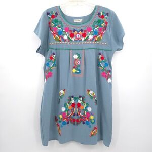 YZXDORWJ Embroidered mini Dress Womens XL Blue Floral Mexican Style Boho